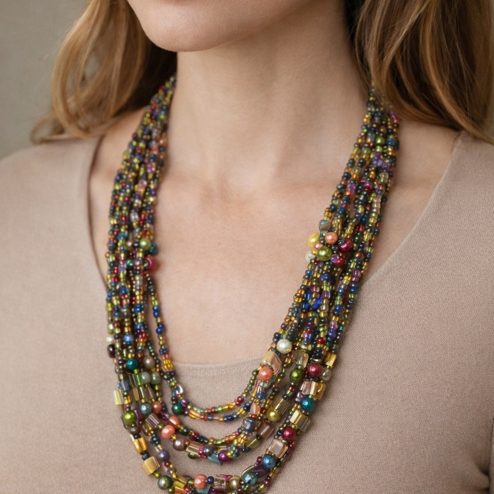 Boho Multi-Strand Beaded Statement Necklace | Layered Colorful Glass Beads